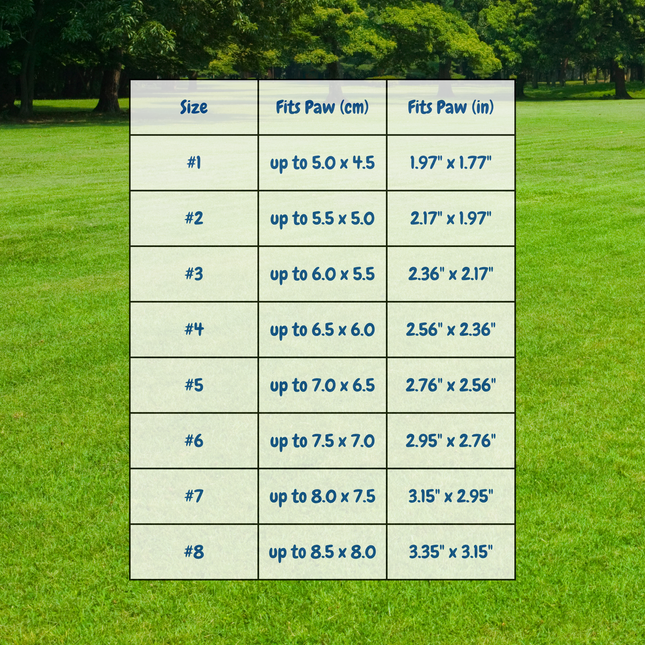 Size chart for paw pads on a grassy background