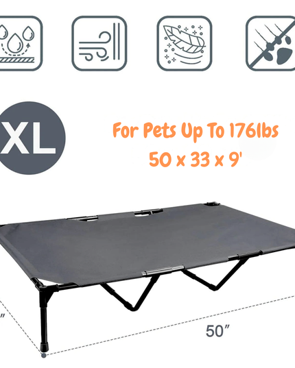 Large XL pet bed with dimensions and features on a white background