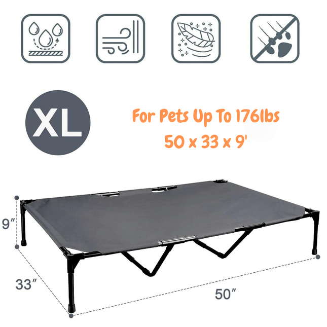 Large XL pet bed with dimensions and features on a white background