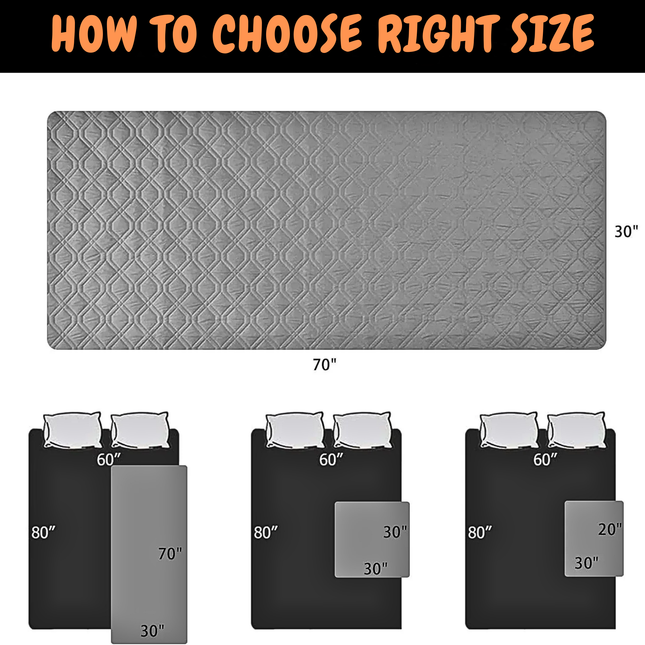 Gray mattress cover with size chart showing dimensions and bed representations.