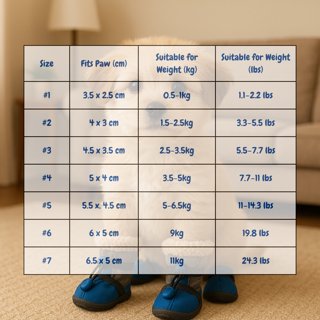 Size chart for dog shoes with dimensions and weight ranges on a blurred indoor background