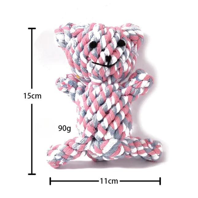 Pink and gray rope toy shaped like a bear with measurements on a white background