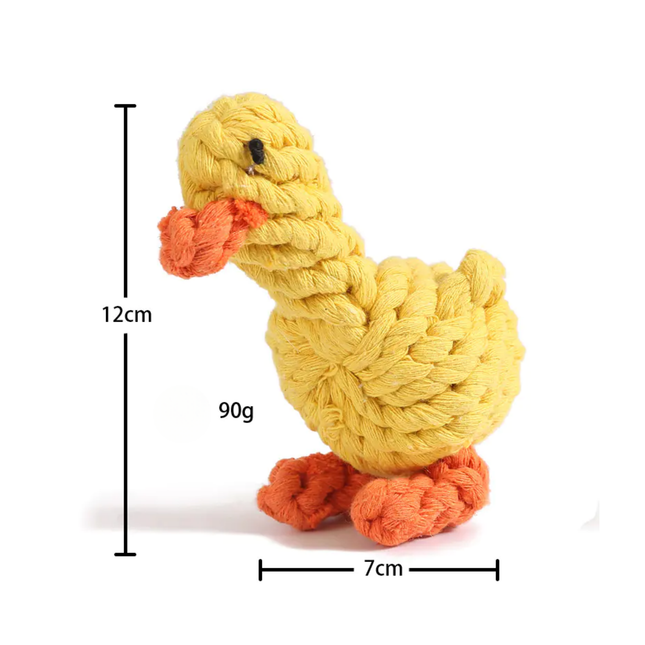 Yellow duck-shaped rope toy with measurements on a white background