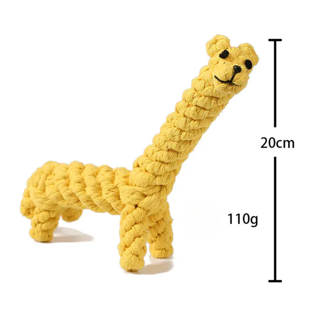 Yellow dog toy shaped like a giraffe with measurements on a white background