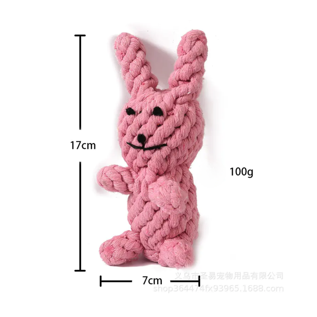 Pink knitted dog toy shaped like a bunny with measurements and weight on a white background