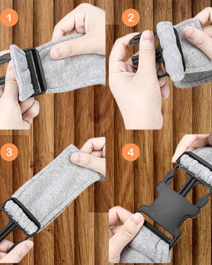 Step-by-step demonstration of using a gray fabric with a black buckle on a wooden surface.