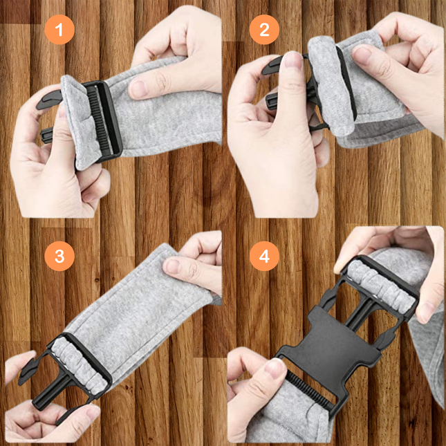 Step-by-step demonstration of using a gray fabric with a black buckle on a wooden surface.