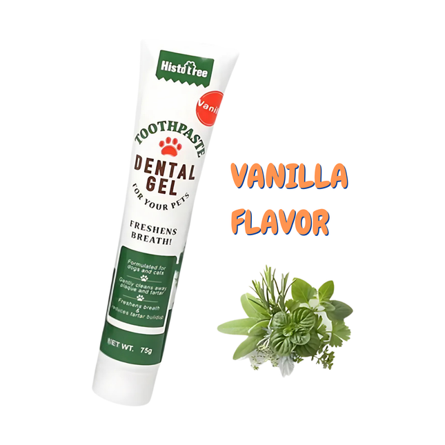 Tube of dental gel for pets with vanilla flavor on a white background