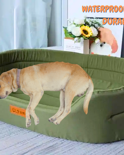 Dog lying on a green waterproof and durable pet bed with text overlay.