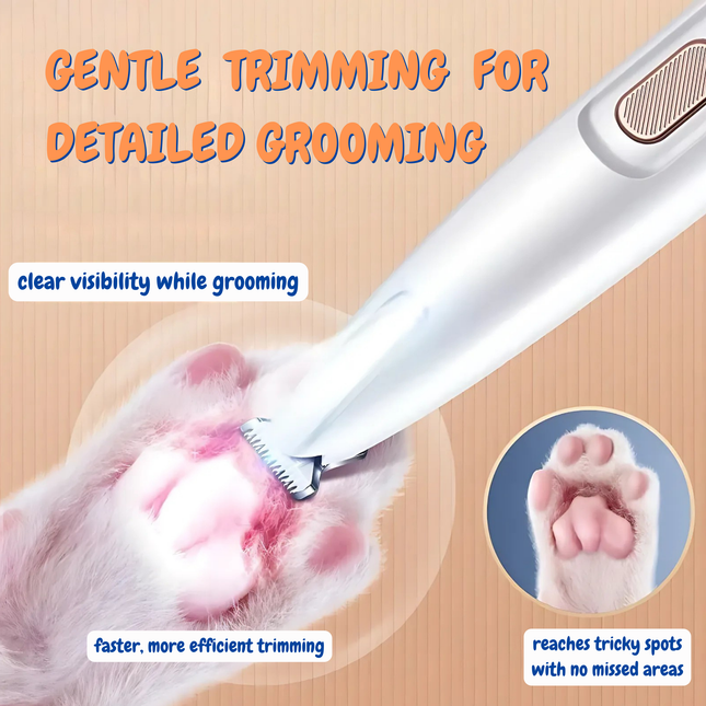 Pet grooming tool being used on a paw with text highlighting features