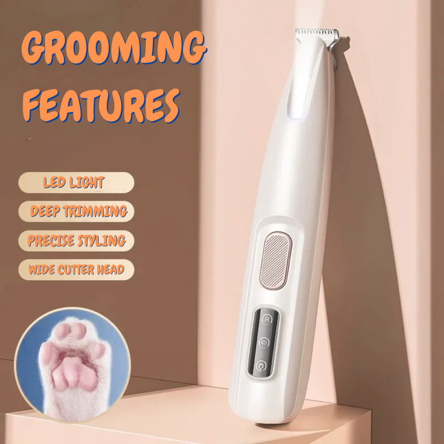 Hair trimmer with grooming features text and LED light icon on a beige background