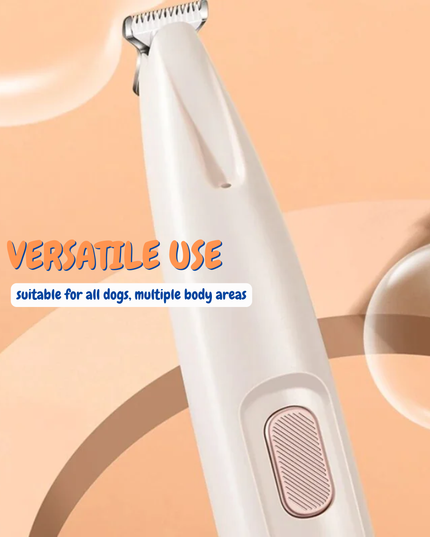 Dog grooming clipper on a peach background with text indicating versatile use.