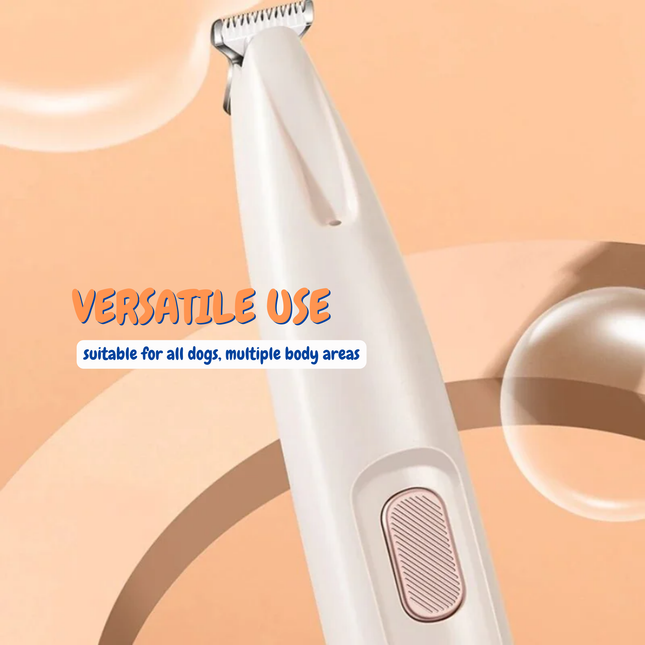 Dog grooming clipper on a peach background with text indicating versatile use.