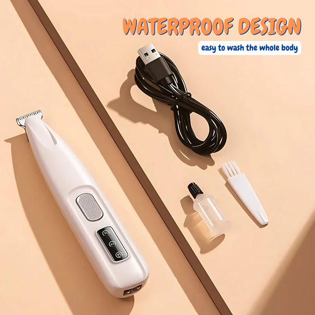 Hair removal device with accessories on a beige background, highlighting waterproof design.