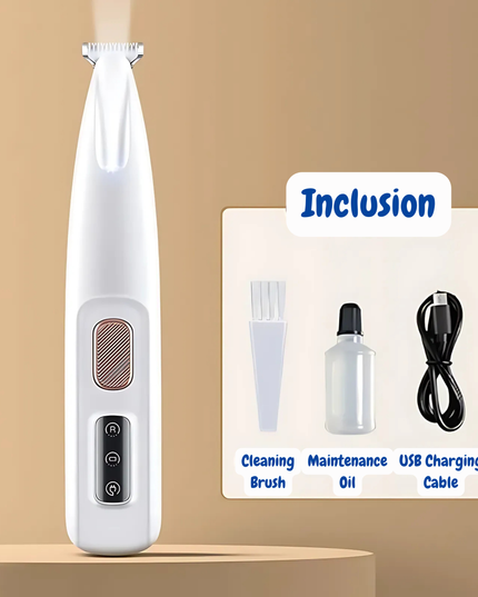 White grooming tool with accessories on a beige background, featuring the brand 'Inclusion'.