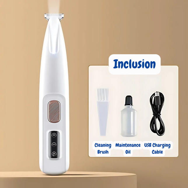 White grooming tool with accessories on a beige background, featuring the brand 'Inclusion'.