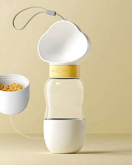 Portable pet water bottle with detachable bowl on a beige background