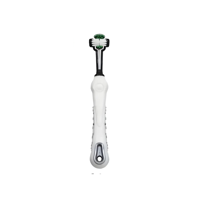 White electric toothbrush with black bristle head on a white background