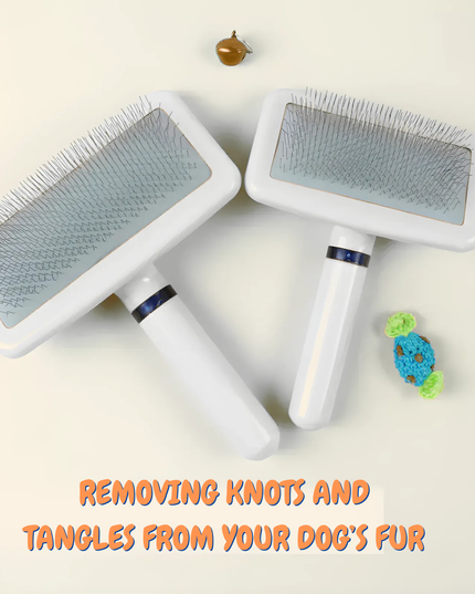 Two pet grooming brushes on a light background with text about removing knots and tangles from dog fur.