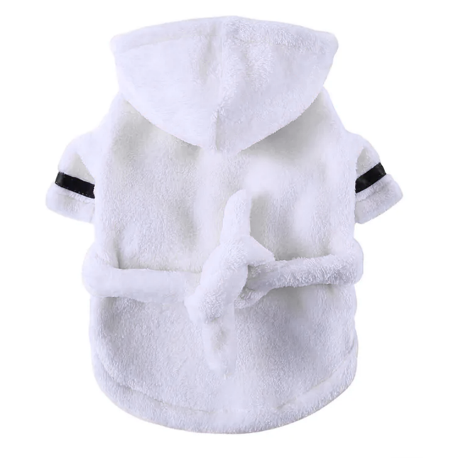 White fleece pet coat with black stripes on sleeves and collar on a white background