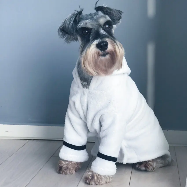 Dog wearing a white robe standing on a wooden floor against a gray wall.