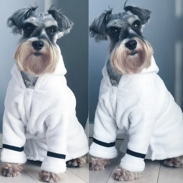 Dog wearing a white robe with black trim sitting on a wooden floor.