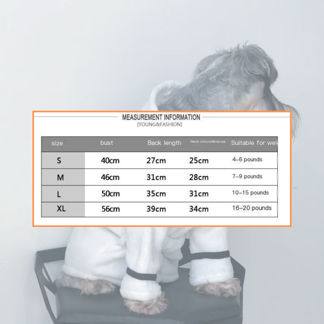 Measurement chart for dog coats with a dog wearing a coat in the background.